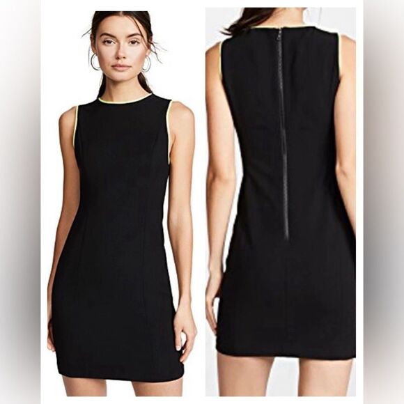 Alice + Olivia Colin Black Crewneck Sleeveless Dress w/ Neon Yellow Trim  8 NWT - Picture 1 of 8